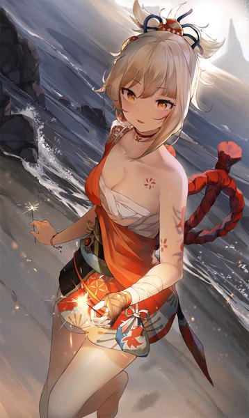 Anime picture 1434x2400 with genshin impact yoimiya (genshin impact) snozaki single tall image looking at viewer blush fringe short hair breasts blonde hair smile hair between eyes standing holding bent knee (knees) outdoors traditional clothes parted lips japanese clothes