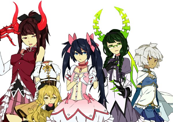 Anime picture 1125x795 with mahou shoujo madoka magica black rock shooter shaft (studio) black rock shooter (character) dead master strength (black rock shooter) black gold saw chariot (black rock shooter) tri-bby (artist) long hair short hair open mouth blue eyes black hair blonde hair smile red eyes twintails multiple girls green eyes