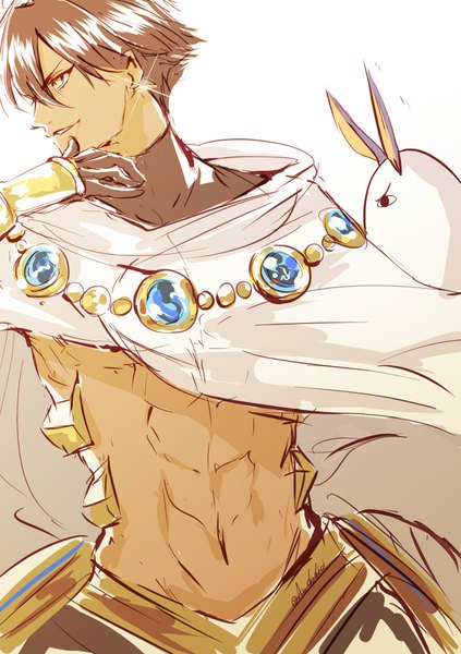 Anime picture 1165x1654 with fate (series) fate/prototype medjed ozymandias (fate) ar dodici tall image fringe short hair hair between eyes brown hair white background yellow eyes looking away profile sparkle muscle abs boy cape