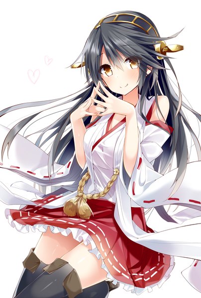 Anime picture 1000x1484 with kantai collection haruna battleship kazu kakao single long hair tall image blush simple background smile white background yellow eyes traditional clothes japanese clothes grey hair fingers together girl skirt miniskirt frills heart