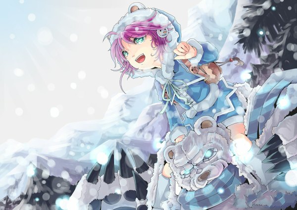 Anime picture 1500x1060 with league of legends annie (league of legends) shaco (league of legends) single open mouth green eyes animal ears pink hair wind snowing winter snow mountain girl scarf fur hood backpack claws snowman