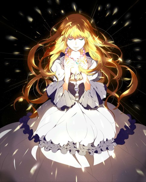 Anime picture 1000x1243 with aldnoah.zero a-1 pictures asseylum vers allusia amy26 single long hair tall image fringe simple background blonde hair hair between eyes standing cleavage eyes closed light smile floating hair glowing black background girl dress