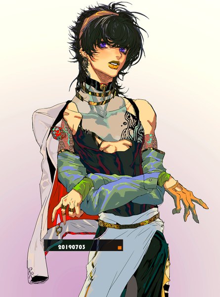 Anime picture 1113x1500 with jojo no kimyou na bouken narancia ghirga miyama (c175311) single tall image looking at viewer short hair black hair simple background purple eyes upper body parted lips lips gradient background piercing dated ear piercing clothes on shoulders boy detached sleeves