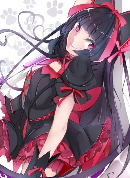 Anime picture 656x898 with gate - jieitai ka no chi nite kaku tatakaeri a-1 pictures rory mercury matsurika (j297021302) single long hair tall image looking at viewer blush black hair smile red eyes lolita fashion goth-loli girl dress bow hair bow