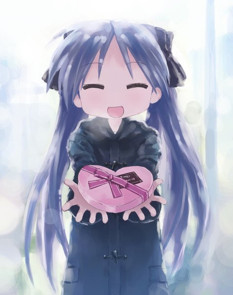 Anime picture 740x937 with lucky star kyoto animation hiiragi kagami isou nagi single long hair tall image fringe open mouth simple background twintails holding purple hair upper body eyes closed long sleeves :d sunlight happy exhalation
