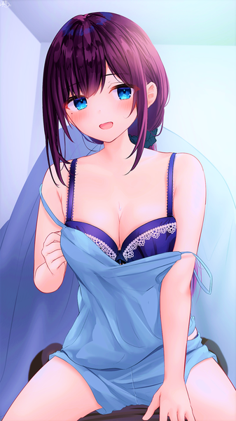 Anime picture 1152x2048 with original ramchi long hair tall image looking at viewer blush fringe breasts open mouth blue eyes light erotic smile sitting payot purple hair indoors head tilt :d mole arm support
