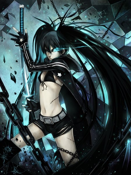 Anime picture 900x1200 with black rock shooter black rock shooter (character) ninjatic single long hair tall image looking at viewer blue eyes light erotic black hair twintails long sleeves glowing striped glowing eye (eyes) leg lift (legs lift) checkered floor checkered crack girl