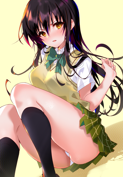 Anime picture 1744x2500 with toloveru toloveru darkness xebec kotegawa yui arutera single long hair tall image looking at viewer blush fringe highres open mouth light erotic black hair simple background hair between eyes sitting yellow eyes pleated skirt