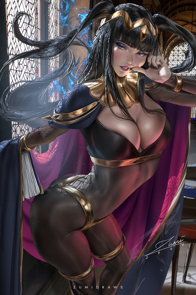 Anime picture 720x1080 with fire emblem fire emblem awakening nintendo sarja zumi (zumidraws) single long hair tall image blush fringe breasts light erotic black hair large breasts standing purple eyes holding signed looking away cleavage
