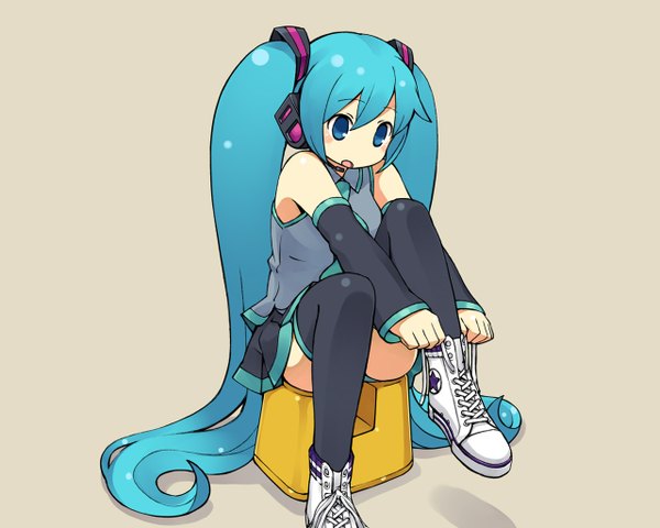 Anime picture 1280x1024 with vocaloid converse hatsune miku chan\u00d7co open mouth twintails pleated skirt aqua eyes aqua hair pantyshot sitting girl skirt detached sleeves shoes vest sneakers