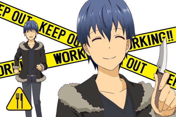 Anime picture 1280x850 with durarara!! working!! a-1 pictures brains base (studio) souma hiroomi single short hair simple background smile white background blue hair eyes closed inscription boy ribbon (ribbons) jacket fur knife sign caution tape