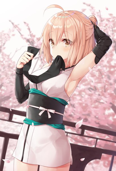 Anime picture 1040x1520 with fate (series) fate/grand order okita souji (fate) (all) okita souji (koha-ace) yuuuuu single tall image looking at viewer blush fringe short hair breasts blonde hair hair between eyes standing bare shoulders holding yellow eyes ahoge outdoors