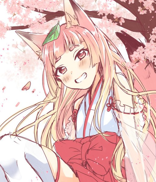 Anime picture 779x905 with original shinonome neko-tarou single long hair tall image looking at viewer blush fringe smile sitting bare shoulders animal ears pink hair bent knee (knees) outdoors blunt bangs traditional clothes head tilt japanese clothes pink eyes