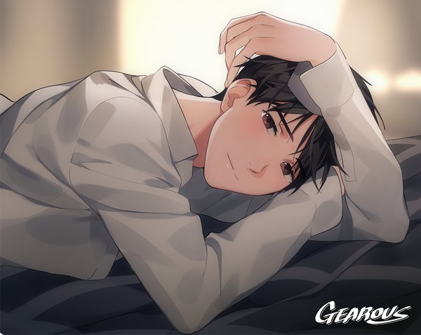 Anime picture 1104x878 with yuri!!! on ice mappa katsuki yuuri gearous single looking at viewer blush fringe short hair black hair smile brown eyes signed upper body indoors lying depth of field on stomach hand on head boy