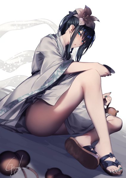 Anime picture 700x990 with fate (series) fate/grand order jing ke (fate/grand order) kyouya (mukuro238) single long hair tall image looking at viewer fringe blue eyes light erotic black hair white background sitting signed payot nail polish traditional clothes japanese clothes hair flower