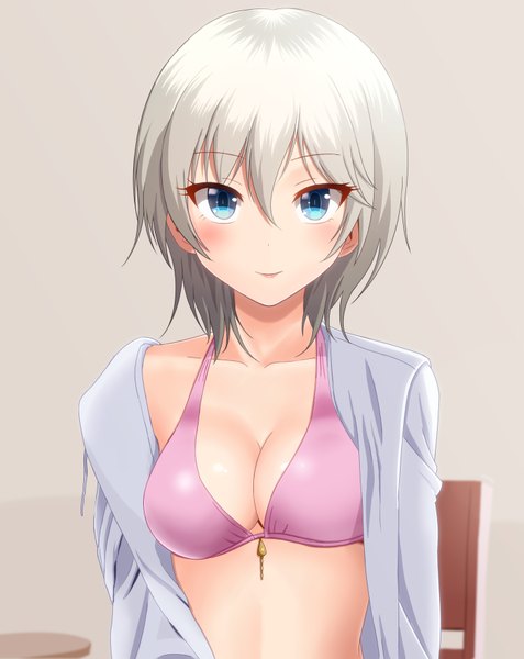 Anime picture 1400x1761 with idolmaster idolmaster cinderella girls anastasia (idolmaster) taka (takahirokun) single tall image blush short hair breasts blue eyes light erotic white hair girl bikini top