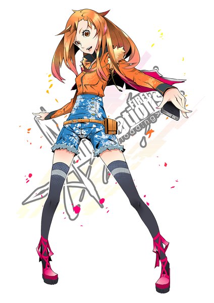 Anime picture 992x1403 with original firecel single long hair tall image looking at viewer open mouth standing white background orange hair orange eyes spread arms girl thighhighs black thighhighs jacket fur mobile phone fanny pack