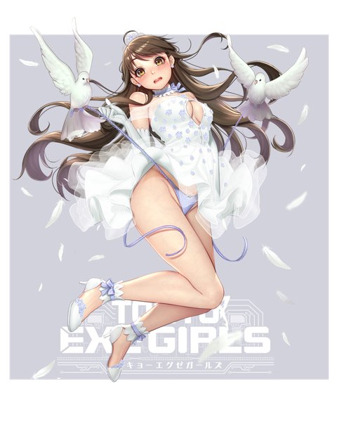 Anime picture 640x800 with tokyo exe girls masami chie single long hair tall image looking at viewer blush fringe breasts open mouth light erotic simple background brown hair bare shoulders brown eyes full body ahoge bent knee (knees) official art high heels