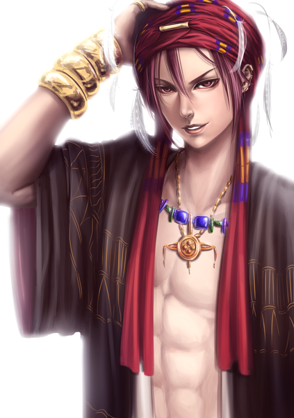 Anime picture 1000x1417 with free! kyoto animation matsuoka rin reiberrycream single tall image looking at viewer short hair simple background smile red eyes white background red hair hand on head muscle boy bracelet jewelry feather (feathers) ring