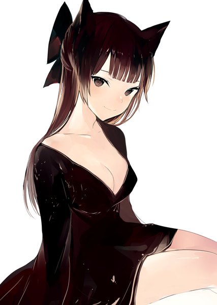Anime picture 650x914 with original lpip single long hair tall image looking at viewer light erotic simple background brown hair white background sitting brown eyes animal ears payot cleavage blunt bangs light smile black eyes cat ears shiny skin