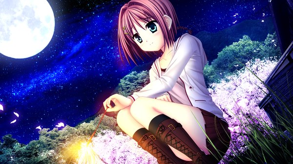 Anime picture 1280x720 with sakura sakimashita haruno tsubame akizuki tsukasa single short hair wide image sitting green eyes game cg purple hair night cherry blossoms lace-up boots girl skirt miniskirt boots moon bengal light