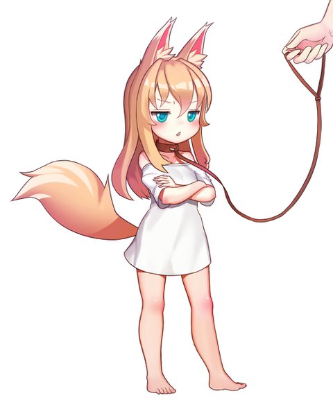 Anime picture 1000x1250 with original kim nico long hair tall image blush fringe open mouth simple background blonde hair hair between eyes standing animal ears looking away full body tail animal tail barefoot aqua eyes off shoulder loli