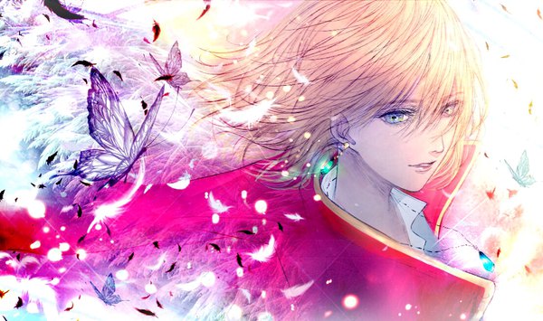 Anime picture 1106x655 with howl's moving castle studio ghibli howl kuroe (pixiv5268156) single fringe short hair blue eyes blonde hair hair between eyes wide image upper body wind boy earrings pendant insect butterfly feather (feathers)