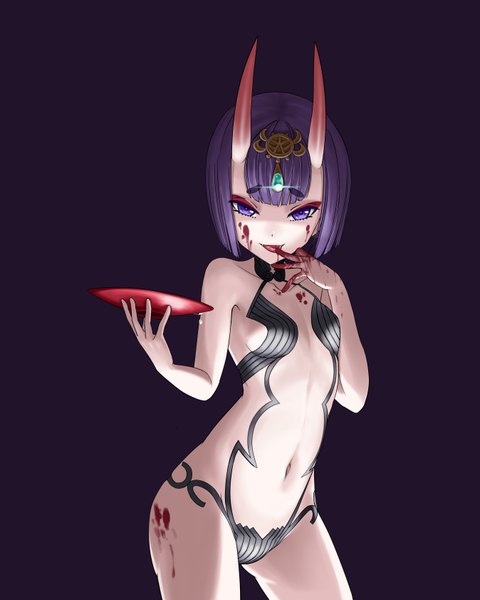 Anime picture 5391x6735 with fate (series) fate/grand order shuten douji (fate) chilopoda single tall image looking at viewer highres short hair open mouth light erotic simple background smile purple eyes holding absurdres purple hair horn (horns) fang (fangs) finger to mouth