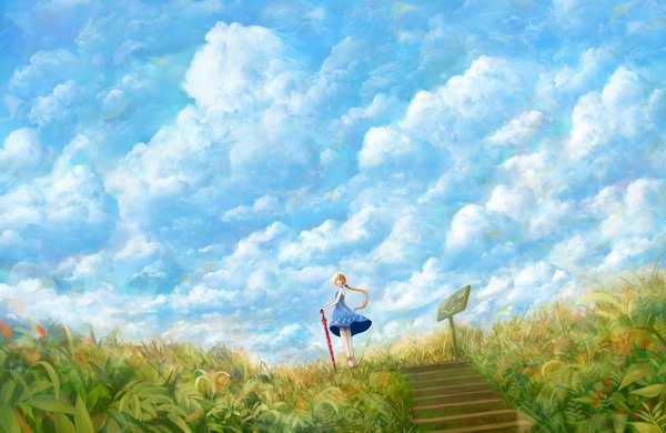 Anime picture 1800x1170 with original bounin single long hair looking at viewer highres open mouth blonde hair cloud (clouds) from below low ponytail scenic closed umbrella girl dress plant (plants) umbrella grass stairs