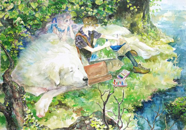 Anime picture 1491x1050 with oyabin long hair short hair sitting grey hair traditional media watercolor (medium) girl boy plant (plants) animal tree (trees) water bird (birds) beret dog