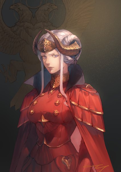 Anime picture 1003x1416 with fire emblem fire emblem: three houses nintendo edelgard von hresvelg aureolin31 single tall image looking at viewer short hair standing purple eyes signed payot silver hair horn (horns) portrait girl dress red dress