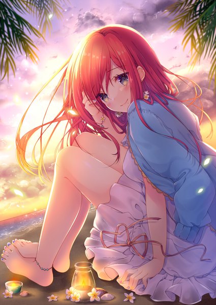 Anime picture 700x988 with original azu torako single long hair tall image looking at viewer blush fringe smile hair between eyes sitting sky cloud (clouds) bent knee (knees) outdoors red hair nail polish head tilt barefoot wind