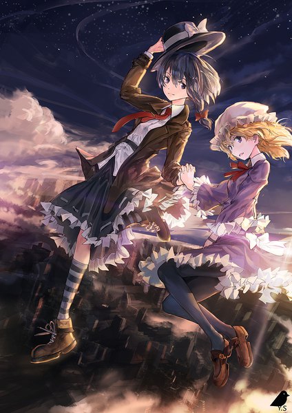 Anime picture 848x1200 with touhou usami renko maribel hearn you shimizu tall image looking at viewer fringe short hair black hair blonde hair smile hair between eyes purple eyes multiple girls holding signed sky cloud (clouds) bent knee (knees) parted lips