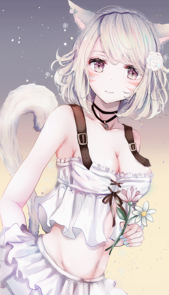 Anime picture 1349x2345 with final fantasy final fantasy xiv square enix miqo'te sakura mochiko single tall image looking at viewer blush short hair breasts light erotic simple background standing purple eyes holding animal ears cleavage white hair tail