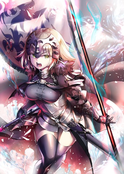 Anime-Bild 1000x1409 mit fate (series) fate/grand order fate/apocrypha jeanne d'arc (fate) (all) jeanne d'arc alter (fate) suishougensou single tall image looking at viewer blush fringe short hair open mouth blonde hair green eyes from above warrior girl thighhighs weapon