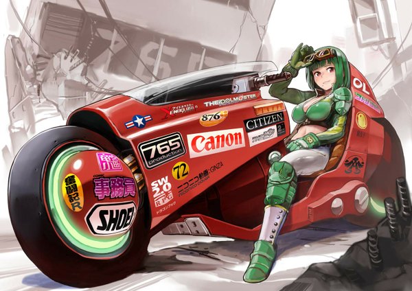 Anime picture 1414x1000 with idolmaster akira otonashi kotori kousaku single looking at viewer short hair breasts smile red eyes sitting cleavage bent knee (knees) green hair mole bare belly shadow mole under mouth ruins goggles on head