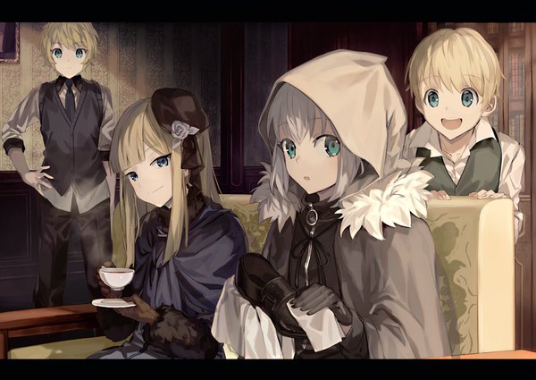 Anime picture 1200x850 with fate (series) lord el-melloi ii case files reines el-melloi archisorte gray (fate) flat eskardos svin glascheit mocha (mokaapolka) long hair looking at viewer fringe short hair open mouth blue eyes blonde hair smile standing sitting multiple girls silver hair indoors