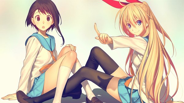 Anime picture 1920x1080 with nisekoi shaft (studio) kirisaki chitoge onodera kosaki koyama hirokazu long hair looking at viewer blush highres blue eyes blonde hair smile brown hair wide image multiple girls brown eyes :o shadow asymmetrical hair end card