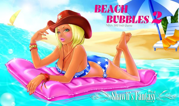 Anime picture 1920x1140 with beach bubbles 2 (game) shawli single highres short hair light erotic blonde hair wide image green eyes sky cloud (clouds) lying nail polish lips realistic inscription legs lipstick beach on stomach