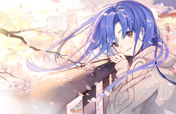 Anime picture 1452x943 with idolmaster kisaragi chihaya kinoshita neko single long hair looking at viewer brown eyes blue hair upper body outdoors long sleeves wind cherry blossoms sleeves past wrists spring girl flower (flowers) plant (plants) petals tree (trees)