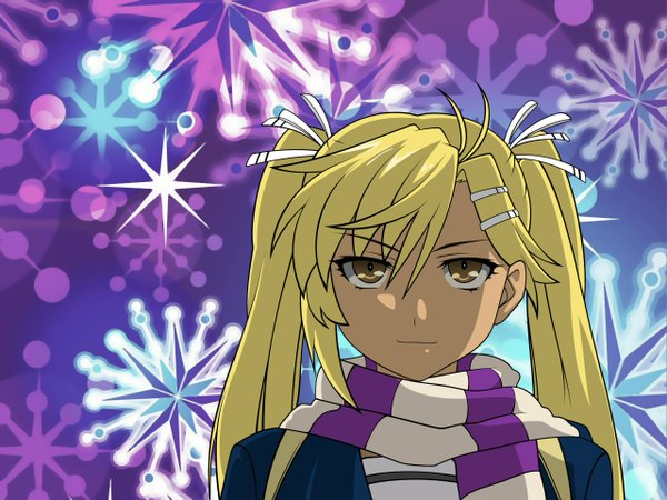 Anime picture 1280x960 with nyan koi kirishima akari blonde hair twintails brown eyes girl hair ornament scarf bobby pin striped scarf