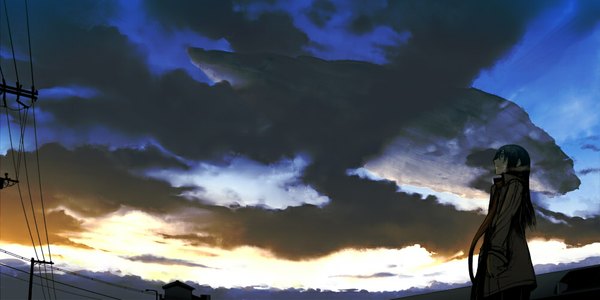 Anime picture 1000x500 with original kawazu single long hair black hair wide image sky cloud (clouds) profile evening sunset girl scarf coat power lines