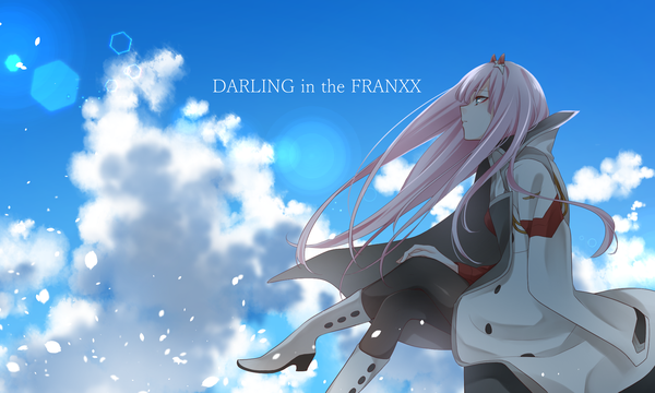 Anime picture 2000x1200 with darling in the franxx studio trigger zero two (darling in the franxx) aoi kei single long hair fringe highres wide image sitting looking away pink hair cloud (clouds) blunt bangs profile horn (horns) wind copyright name crossed legs clothes on shoulders