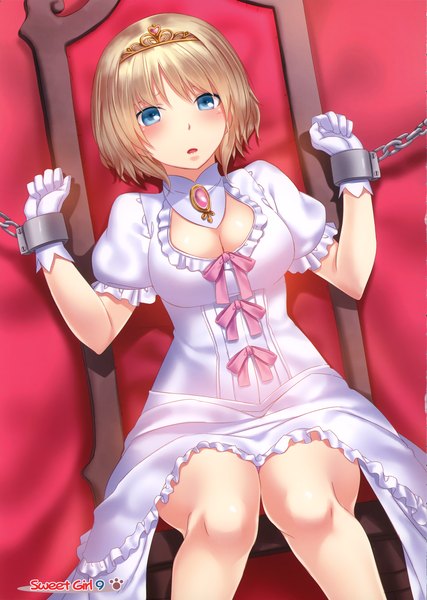 Anime picture 2885x4050 with chobipero single tall image blush highres short hair blue eyes blonde hair sitting scan girl dress chain tiara