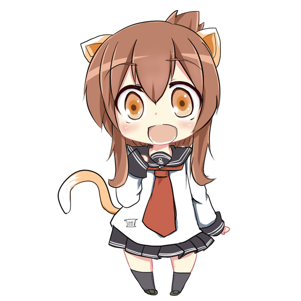 Anime picture 900x900 with kantai collection inazuma destroyer yuu (togishi kanata) single long hair looking at viewer blush fringe open mouth simple background hair between eyes brown hair white background brown eyes full body cat girl chibi kemonomimi mode girl uniform