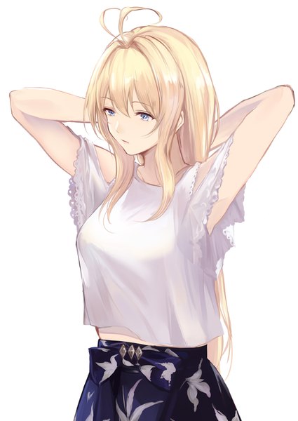 Anime picture 2508x3541 with shingeki no bahamut granblue fantasy jeanne d'arc (granblue fantasy) ayubee single long hair tall image fringe highres breasts blue eyes simple background blonde hair hair between eyes white background payot looking away upper body ahoge arms up