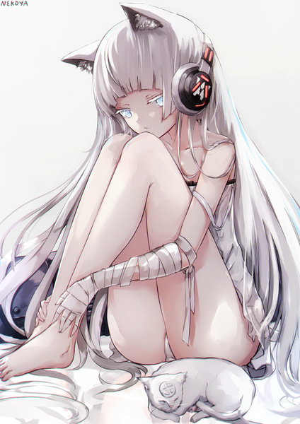 Anime picture 1158x1638 with girls frontline original awp (girls frontline) (nekoya (liu)) nekoya (liu) single tall image looking at viewer fringe blue eyes light erotic simple background sitting bare shoulders signed animal ears payot full body bent knee (knees) white hair tail