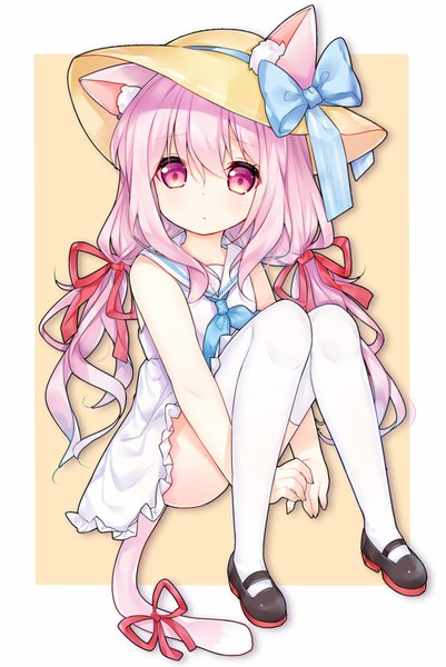 Anime picture 800x1195 with azur lane kisaragi (azur lane) tengxiang lingnai single long hair tall image looking at viewer blush fringe light erotic simple background hair between eyes sitting twintails animal ears payot pink hair full body bent knee (knees) tail