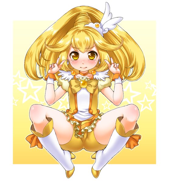 Anime picture 789x846 with precure smile precure! toei animation kise yayoi cure peace shouni (sato3) single long hair tall image looking at viewer blush fringe light erotic blonde hair simple background yellow eyes full body spread legs framed girl