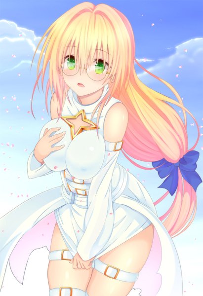 Anime picture 1000x1457 with toloveru xebec tearju lunatique eltk single long hair tall image blush open mouth light erotic blonde hair green eyes sky cloud (clouds) coloring girl dress bow hair bow petals